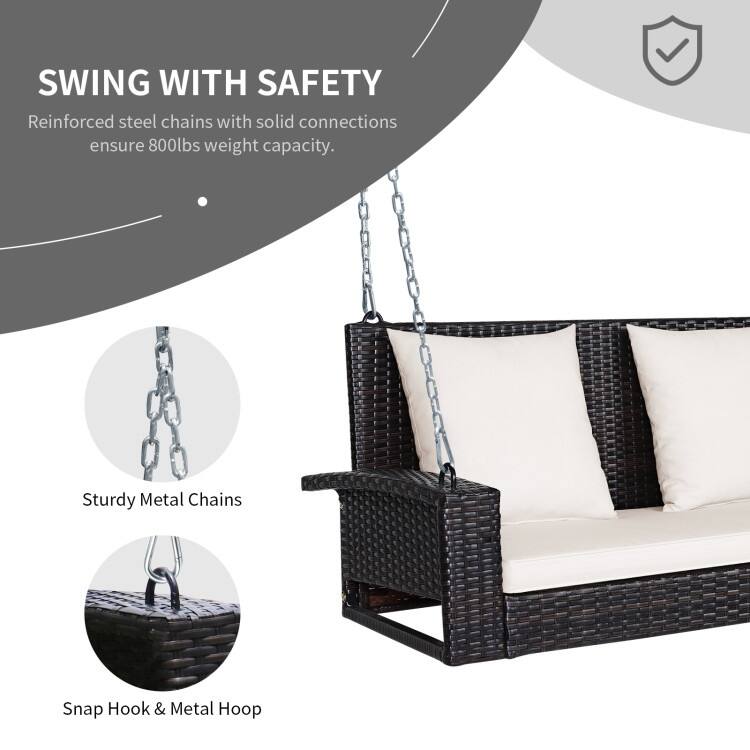 2-Person Wicker Hanging Porch Swing with 2 Back Cushions and 1 Seat Cushion - 50" x 22" x 20.5" (L x W x H)