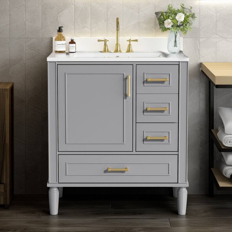 30" Ceramic Sink Bathroom Vanity with Gold Handles, Soft-Close Storage & Space-Saving Design - Grey