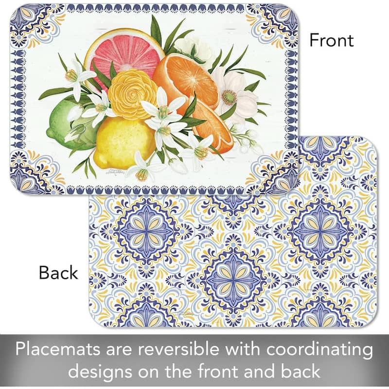 Mediterranean Citrus 4 Pack Reversible Easy Care Flexible Plastic Placemats Made in The USA BPA Free Easily Wipes Clean