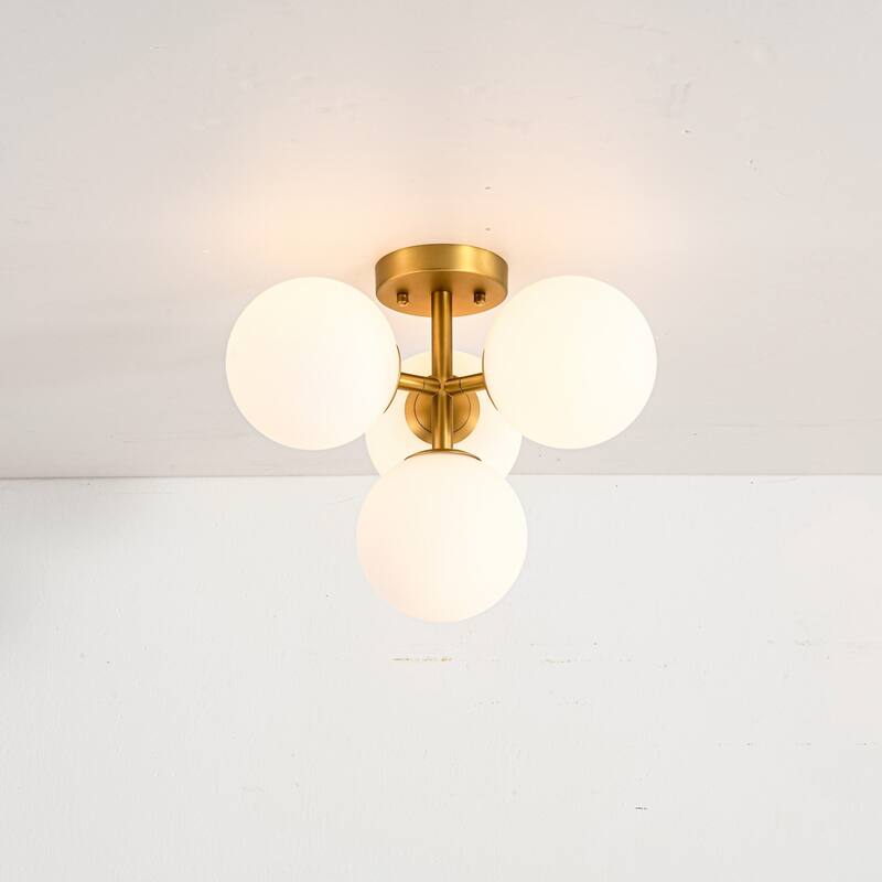 4-Light Mid-Century Modern Sputnik Brushed Gold/Matte Black Finish Semi-Flush Mount Ceiling Light with Opal Glass Globes - Gold/White