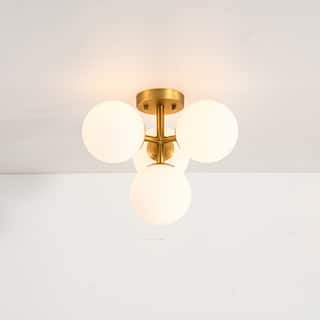 4-Light Mid-Century Modern Sputnik Brushed Gold/Matte Black Finish Semi-Flush Mount Ceiling Light with Opal Glass Globes