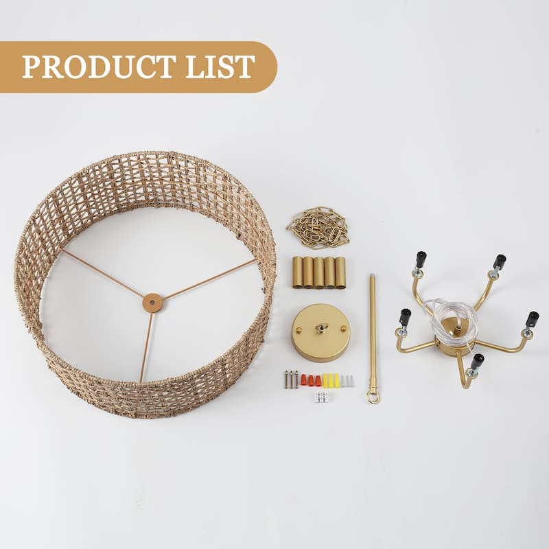 5 - Light Dimmable Drum Chandelier Natural Rattan Bohemian & Coastal Pendant - 18.9 in