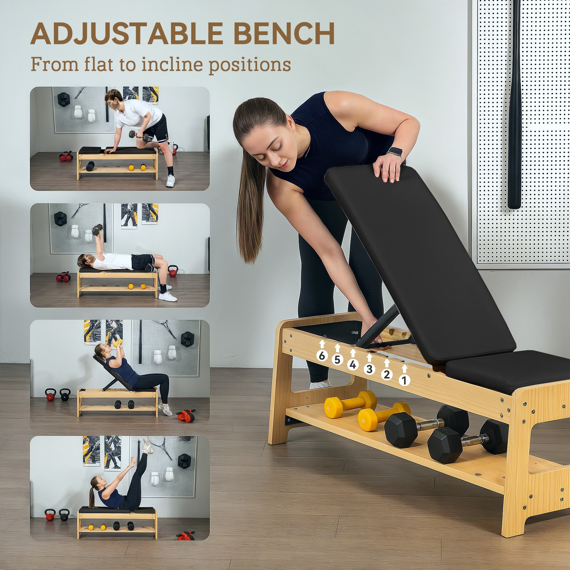 Incline Bench Wooden Workout Bench Home Gym Equipment Soozier