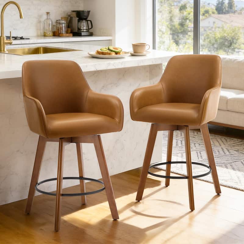 25 Inch Upholstered Swivel Counter Height Bar Stool with Armrests, Solid Wood Legs - 23.6"W x 22.4"D x 40.2"H