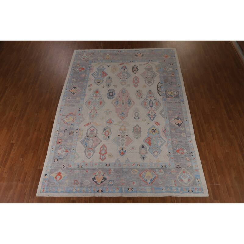 Hand Knotted Oriental 100% Wool Carpet Transitional Geometric Beige & Ivories Oushak Area Rug - 12' 4'' X 8' 11''