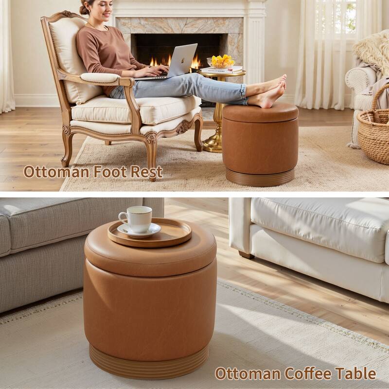 Round Swivel Storage Ottoman Footstool with Flip-top and Acacia Frame