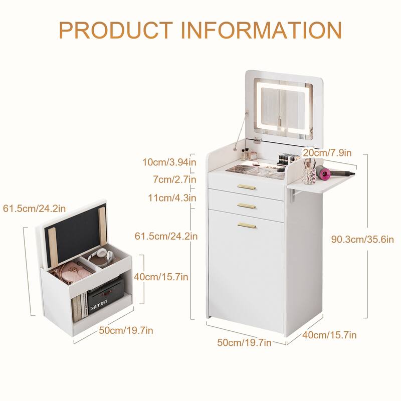 Flip-top Vanity Table,Mini Vanity,Mirror-integrated Dressing Table,All-in-one Storage Cabinet,Makeup Vanity Set with Stool