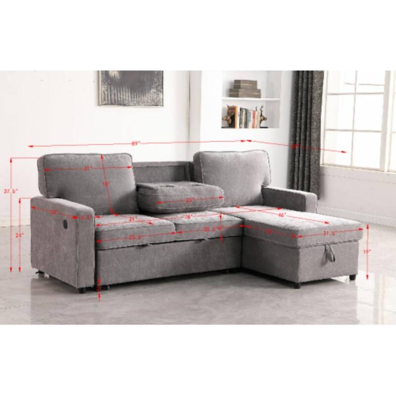 Upholstered Sleeper Sectional Sofa with Storage, USB Ports and Cup Holders, Multi-Functional Modern Sectional Sofa
