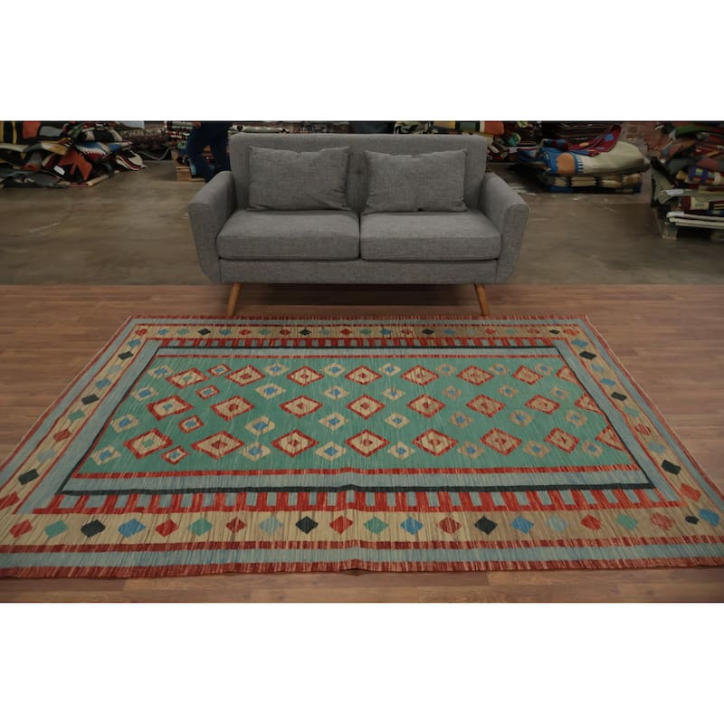 Hand Woven Oriental 100% Wool Carpet Southwestern Tribal Green Kilim Area Rug - 7' 11'' X 5' 8''