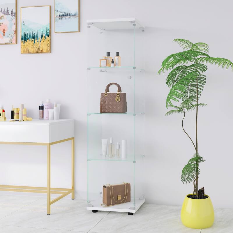 Glass Display Cabinet Shelves with Door, Floor Standing Bookshelf - White