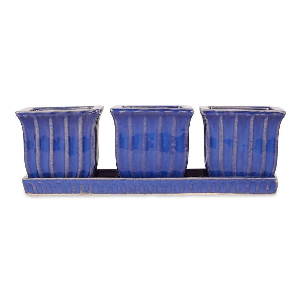 3Pcs Blue Square Ceramic Planters