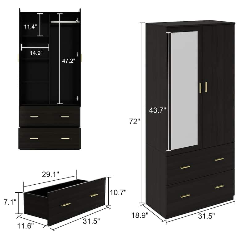 Kerrogee Bedroom Armoires Wardrobe with Mirror Drawers and Doors