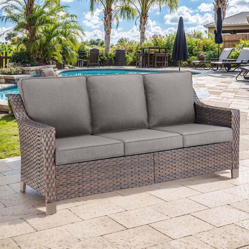 Gymojoy Patio High Back Sofa Outdoor Sofa with Cushion - Brown - Grey