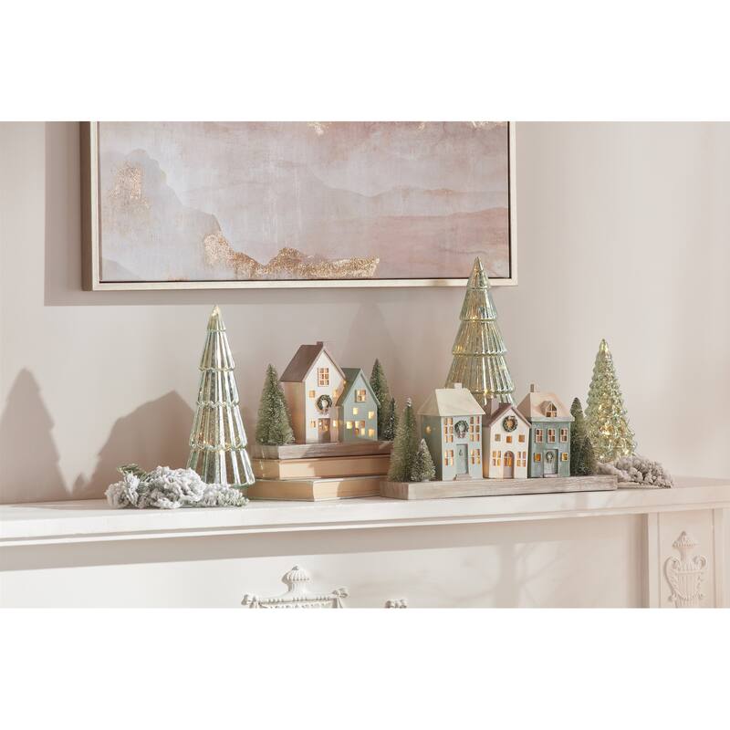 LED Lighted Resin Winter Village Houses with Bottle Brush Trees Ideal for Tabletop Holiday Decor