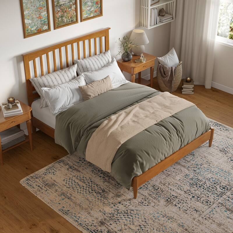 Solid Wood Low Profile Platform Bed - Modern Style Bed Frame, Light Toffee Finish