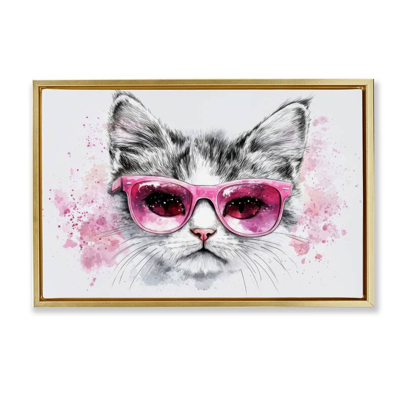 Stupell Cool Cat with Sunglasses Framed Floater Canvas Wall Art Design By LSR Creative Studio - 31 x 21 - Gold