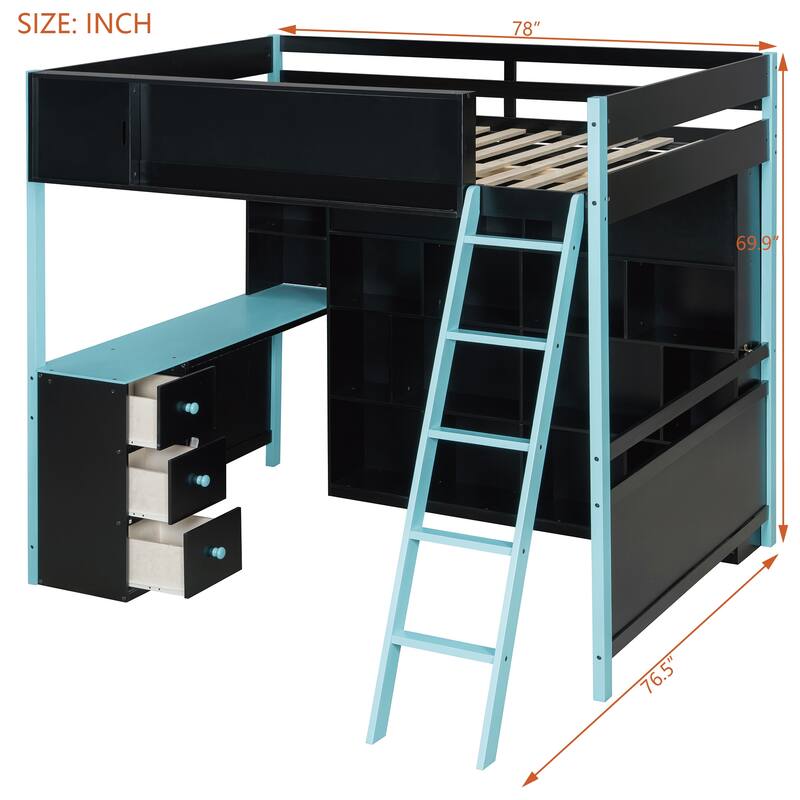 RGB Gaming Loft Bed with Desk, Light Strip, Display Wall, Storage Shelves, Sliding Access Door and Drawers, No Box Spring Needed
