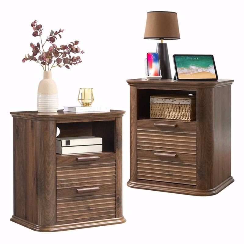 22" Fluted Nightstand with Charging Station - Modern End Table with 2 Drawers and Open Storage