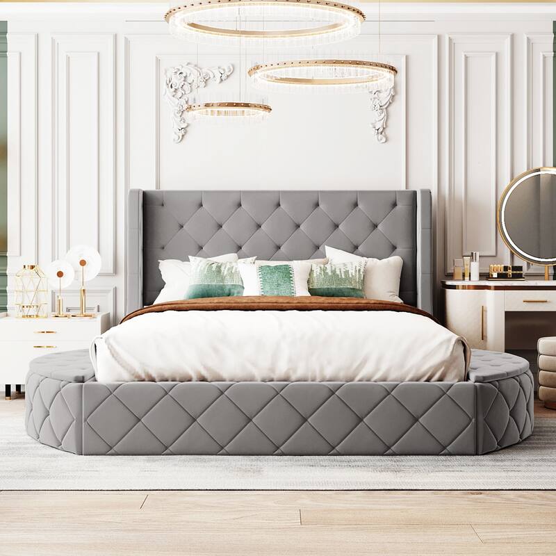 Roomfitters Queen Size Upholstered Platform Bed with Storage Drawer and Velvet Wingback Headboard