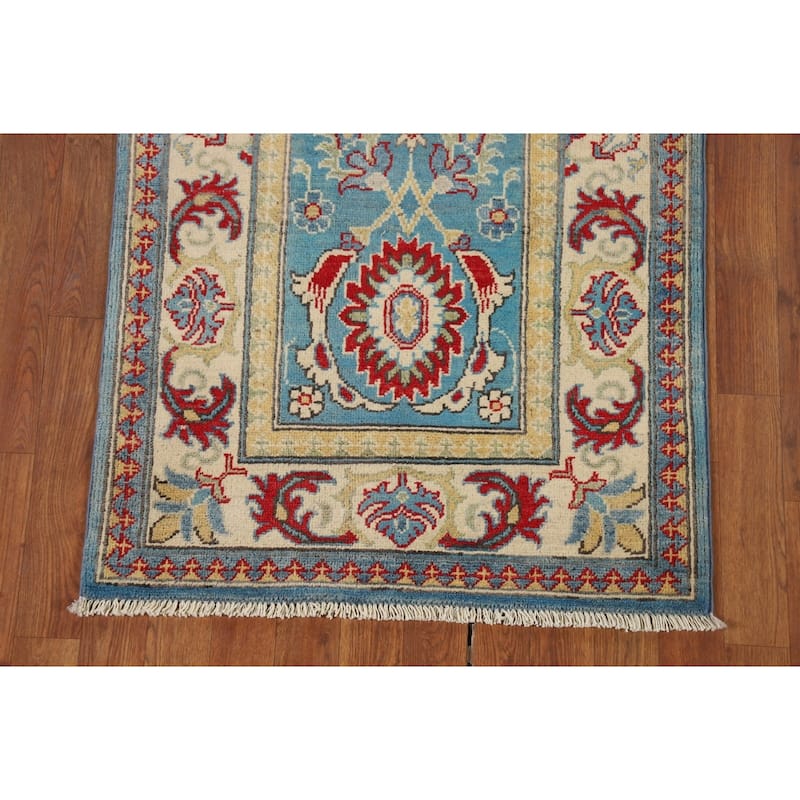 Blue Geometric Kazak Oriental Runner Rug Handmade Wool Carpet - 2'9" x 9'8"