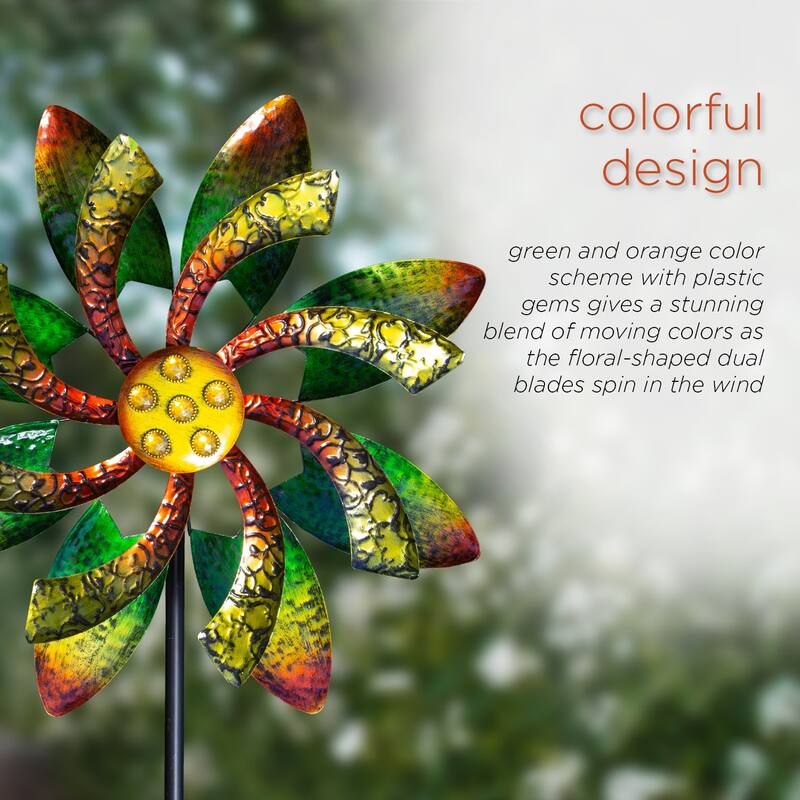 Alpine Corporation 64" Tall Floral Windmill Stake with Jeweled Kinetic Spinner, Green and Orange