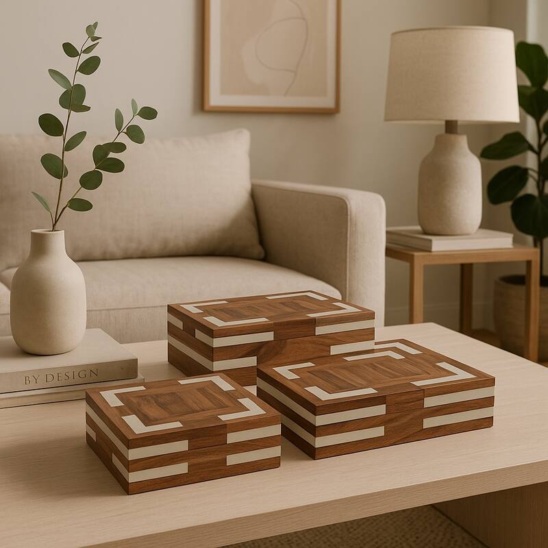 Resin Storage Boxes Geometric Inlay Nesting (Set of 3) - 3"/4" Ivory - 12" x 8" x 4" - Ivory - 12" x 8" x 4"