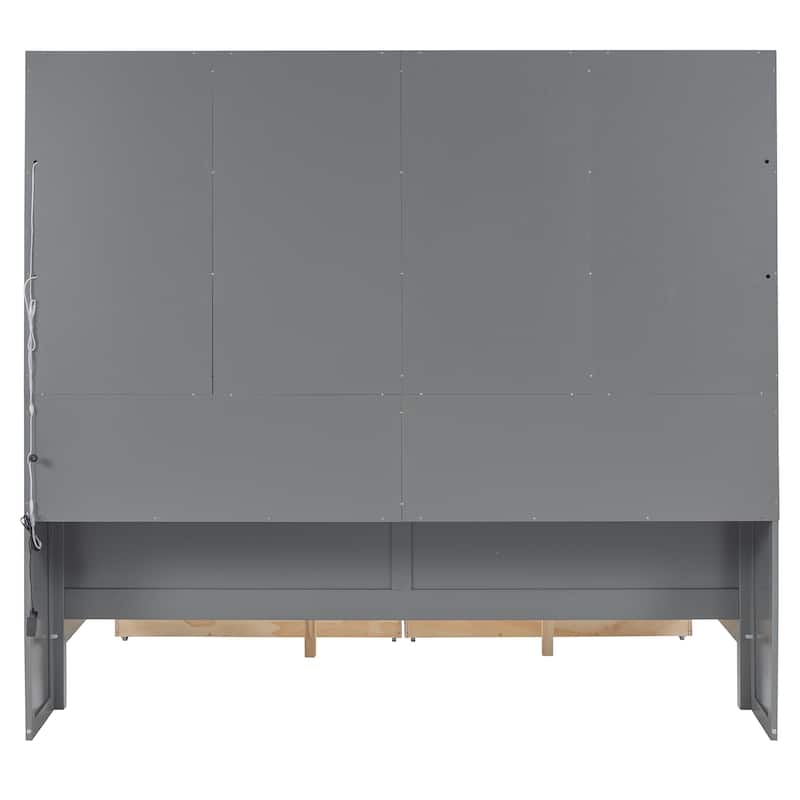 Full Size Wooden Daybed with Glass-Door LED Cabinet & Shelves - 600LB Capacity