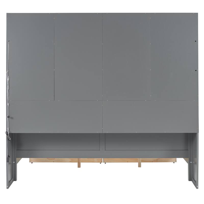 Wooden Daybed with Glass-Door Storage Cabinets, Built-in LED Lighting and Shelves