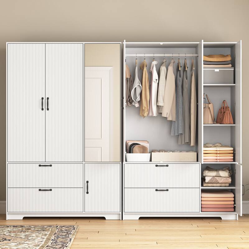Wardrobe Closet with Automatic Motion Sensor Light, Half-length Mirror Door Armoire Storage Cabinet