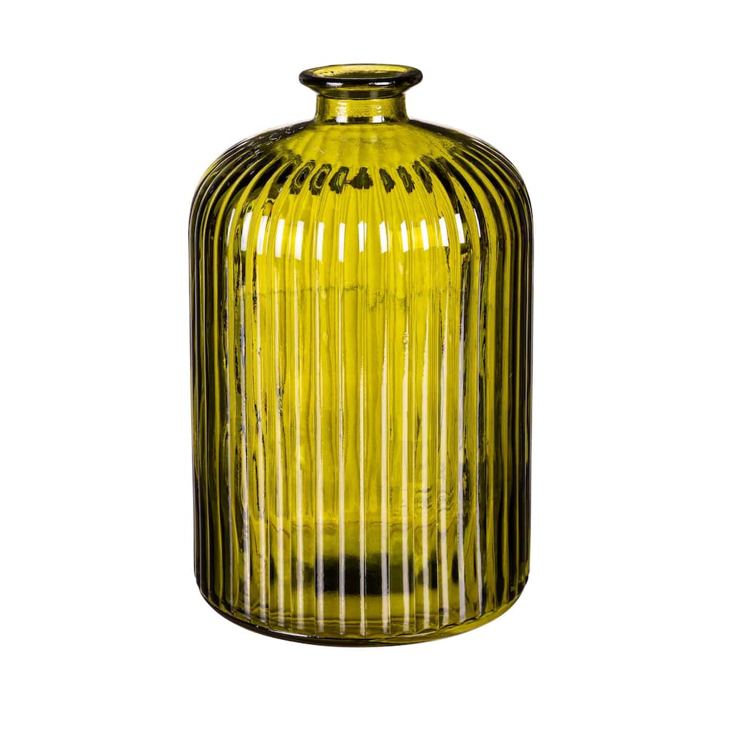 9" Clear Glass, Ribbed Vase, Green