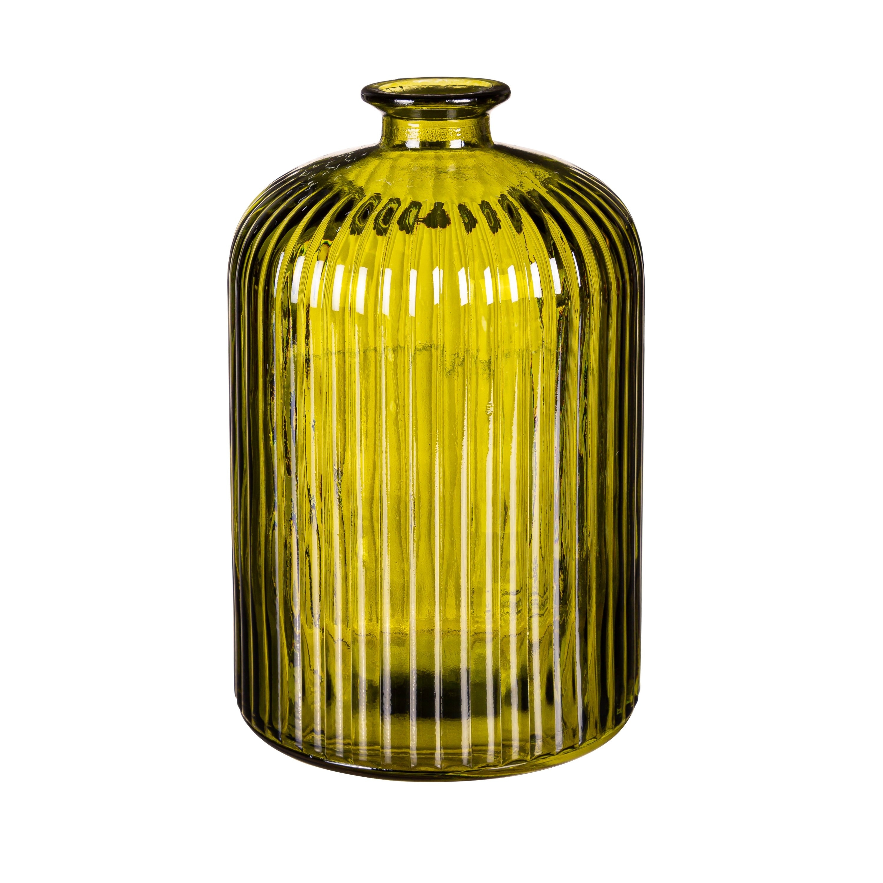 9" Clear Glass, Ribbed Vase, Green