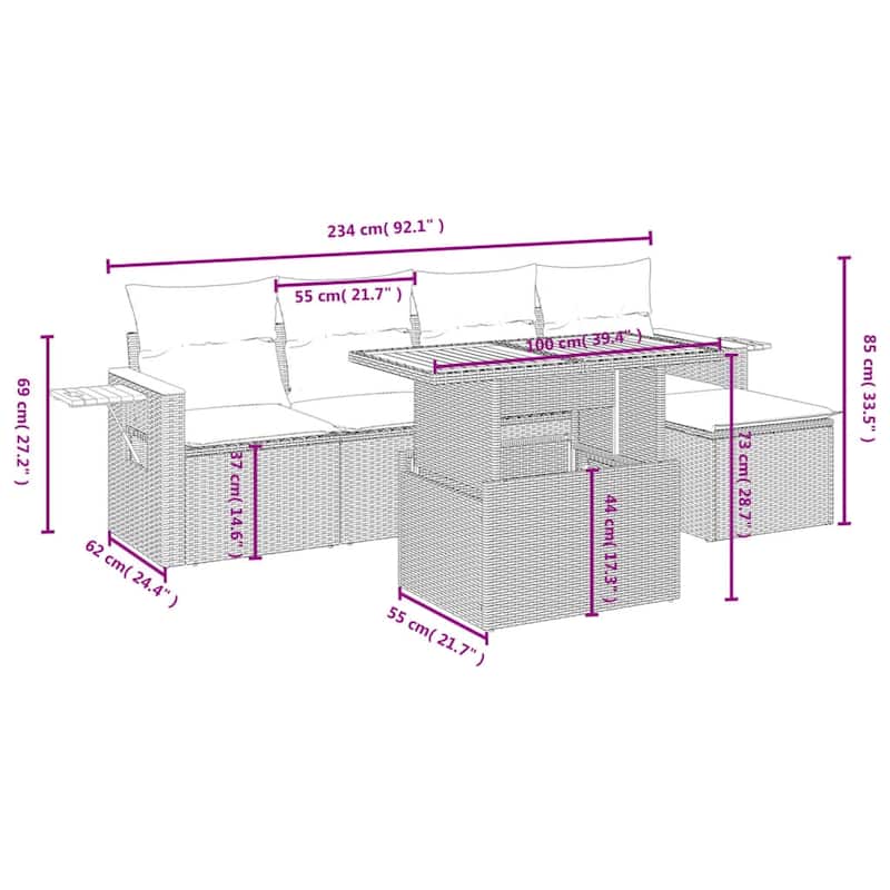 vidaXL Patio Sofa Set with Cushions Outdoor Furniture 6 Piece Poly Rattan - 21.7 x 24.4 x 27.2