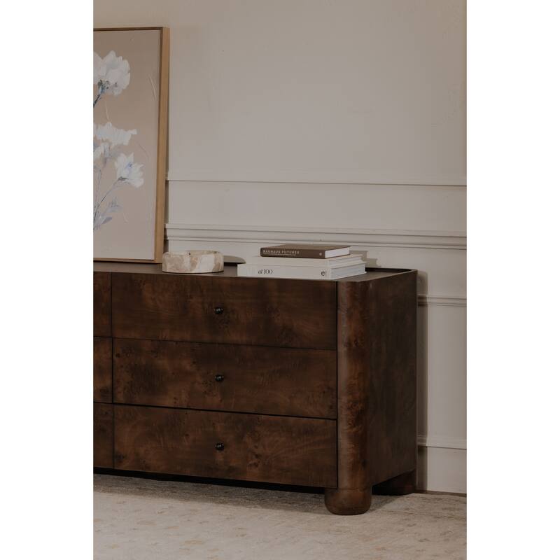 NADAAL STUDIOS Virel Dark Brown Burl Veneer and Solid Oak 6-Drawer Dresser with Lip Detail