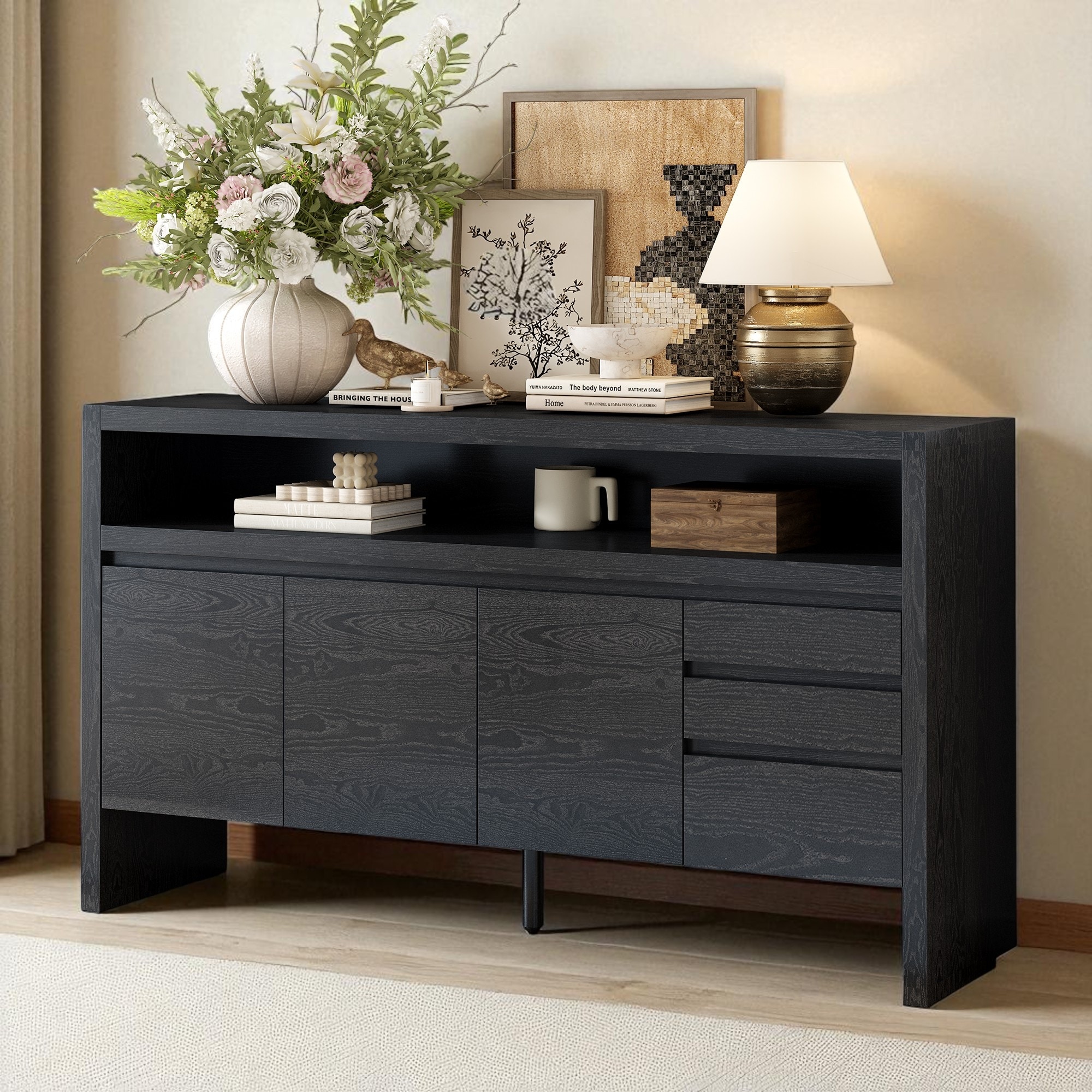 60" 3-Door Sideboard with 3 Drawers,Ash Veneer MDF Storage Cabinet with Semi-Open Shelf, Modern Buffet for Dining Room,Hallway