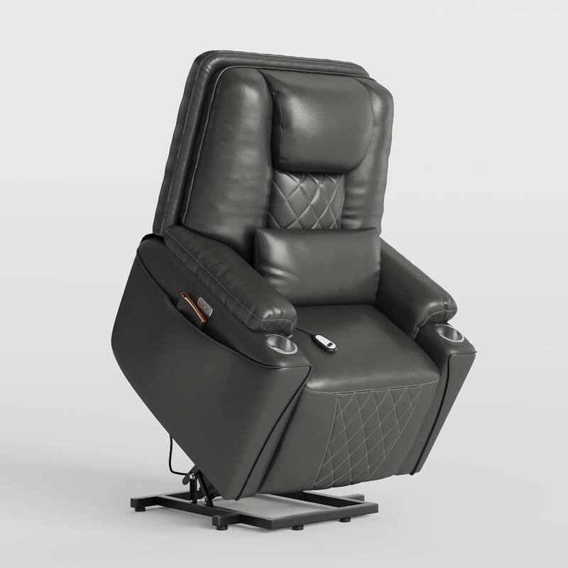 Power Lift Recliner Chair Sofa, PU Leather Reclining with Charging Ports, Cup Holders, Electric Stand Assist - Grey