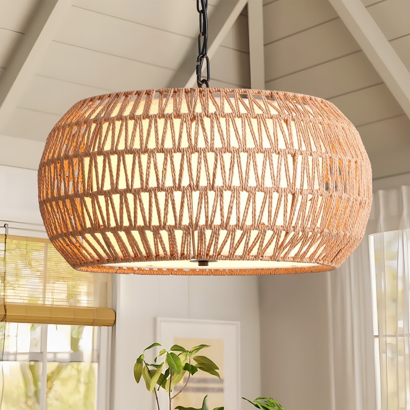 18.9" Coastal Boho Hand-Woven Drum Pendant Light 5-Light Farmhouse Rattan Boho Chandelier For Bedroom - 18.9in