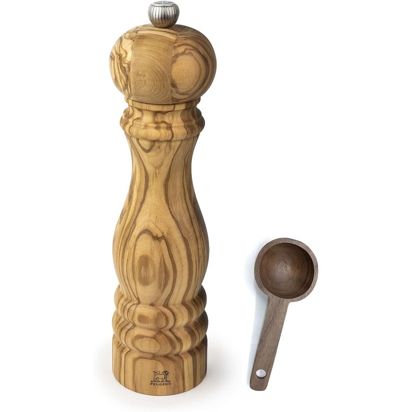 Paris Olivier Salt Mill Gift Set Olive Wood - With Wooden Scoop (9 -Inch, Salt Mill w/ Scoop)