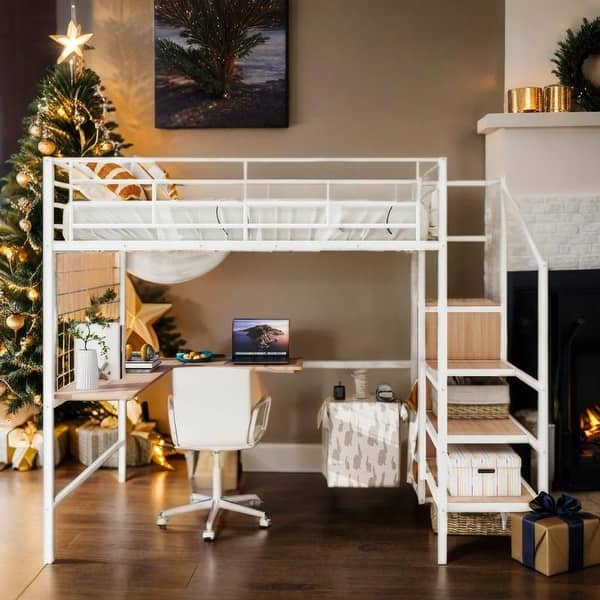 slide 2 of 30, Artsy Full Size Metal Loft Bed with Desk and Metal Grid, Stylish Metal Frame Bed with Lateral Storage Ladder and Wardrobe, White White
