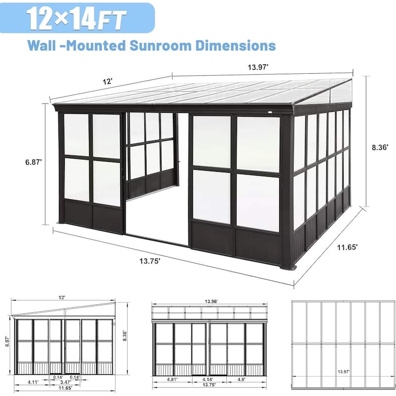 Outdoor Wall Mounted Solarium with Detachable Windows, Aluminum Lean to Gazebo Sun Room