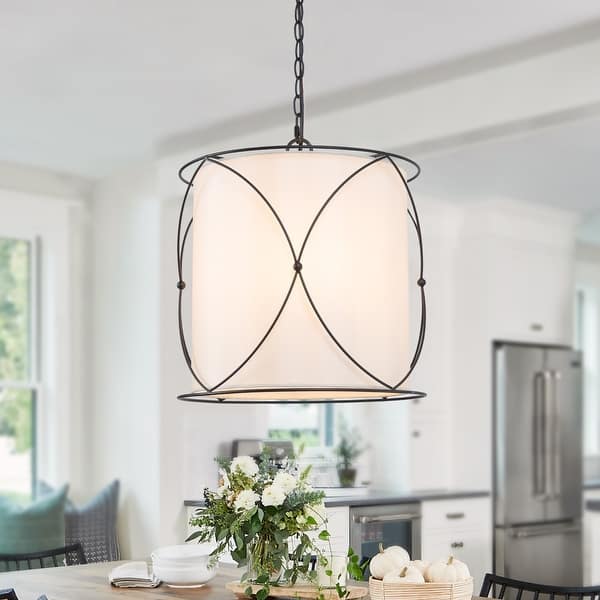 slide 2 of 8, Modern Black Chandelier Drum Pendant Lights with Off-white Fabric for Kitchen Island - D13" X H 14"