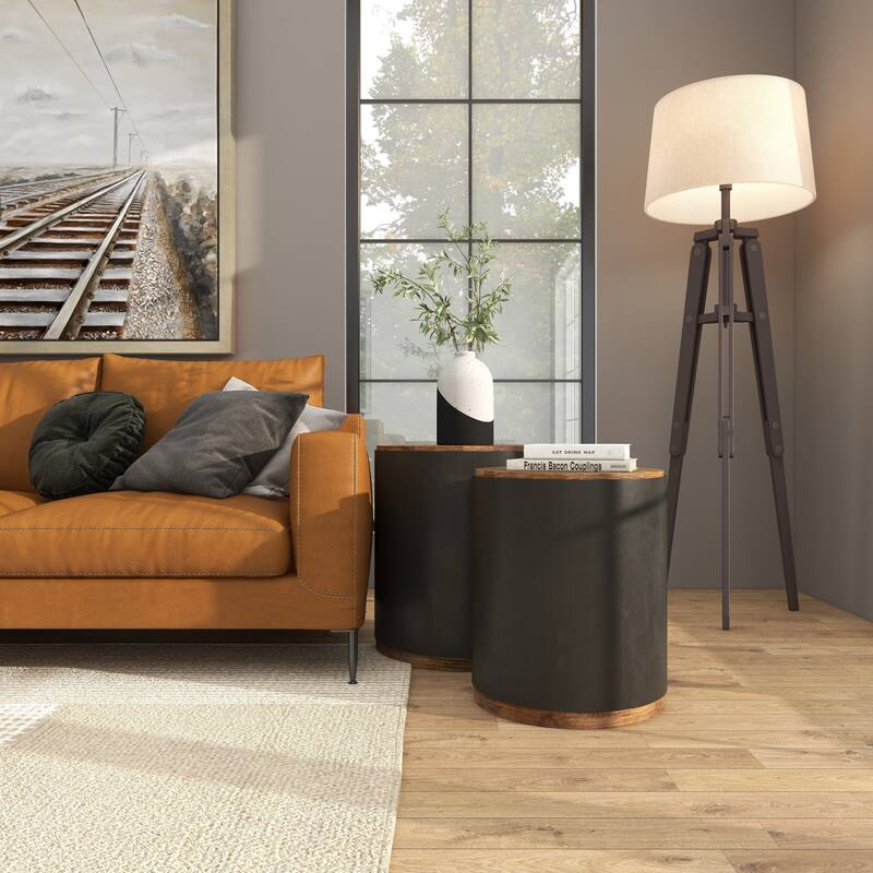 Metal Side End Accent Table with Brown Wood Top - Set of 2 Black - Roche River Decor