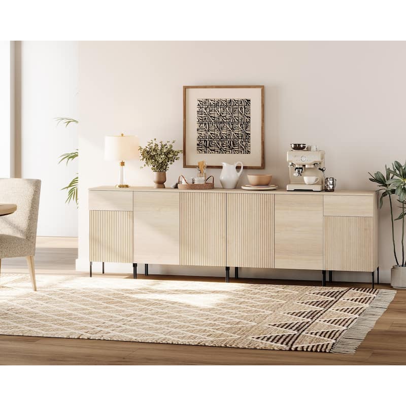 94.5" Modern Reeded 4-Door Sideboard With Charging, 4-In-1 Wooden Credenza Storage Cabinet