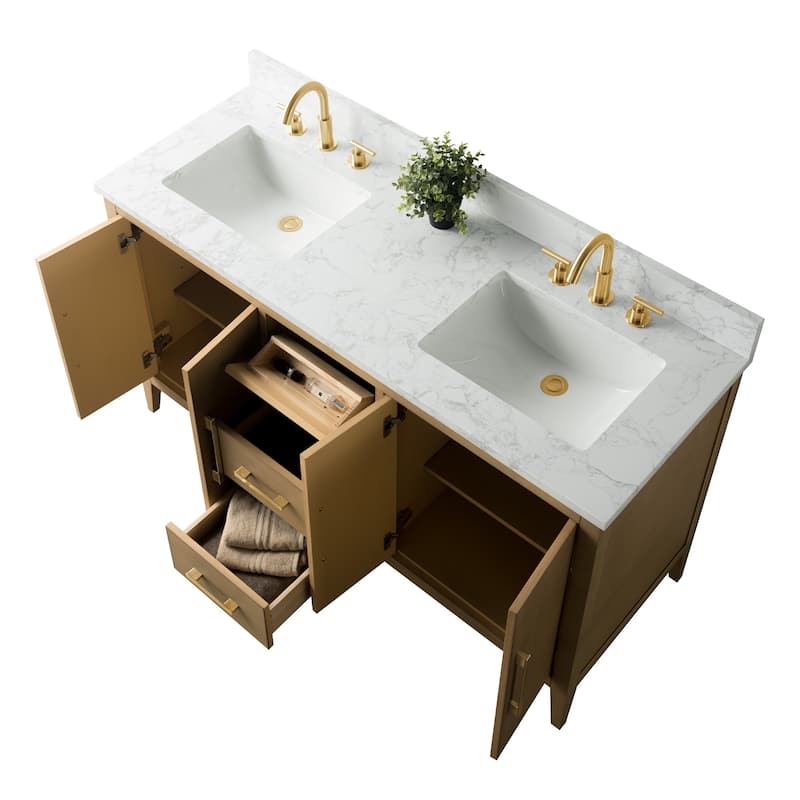 Vanity Art 60" Double Sink Bathroom Vanity Cabinet with Engineered Marble Top