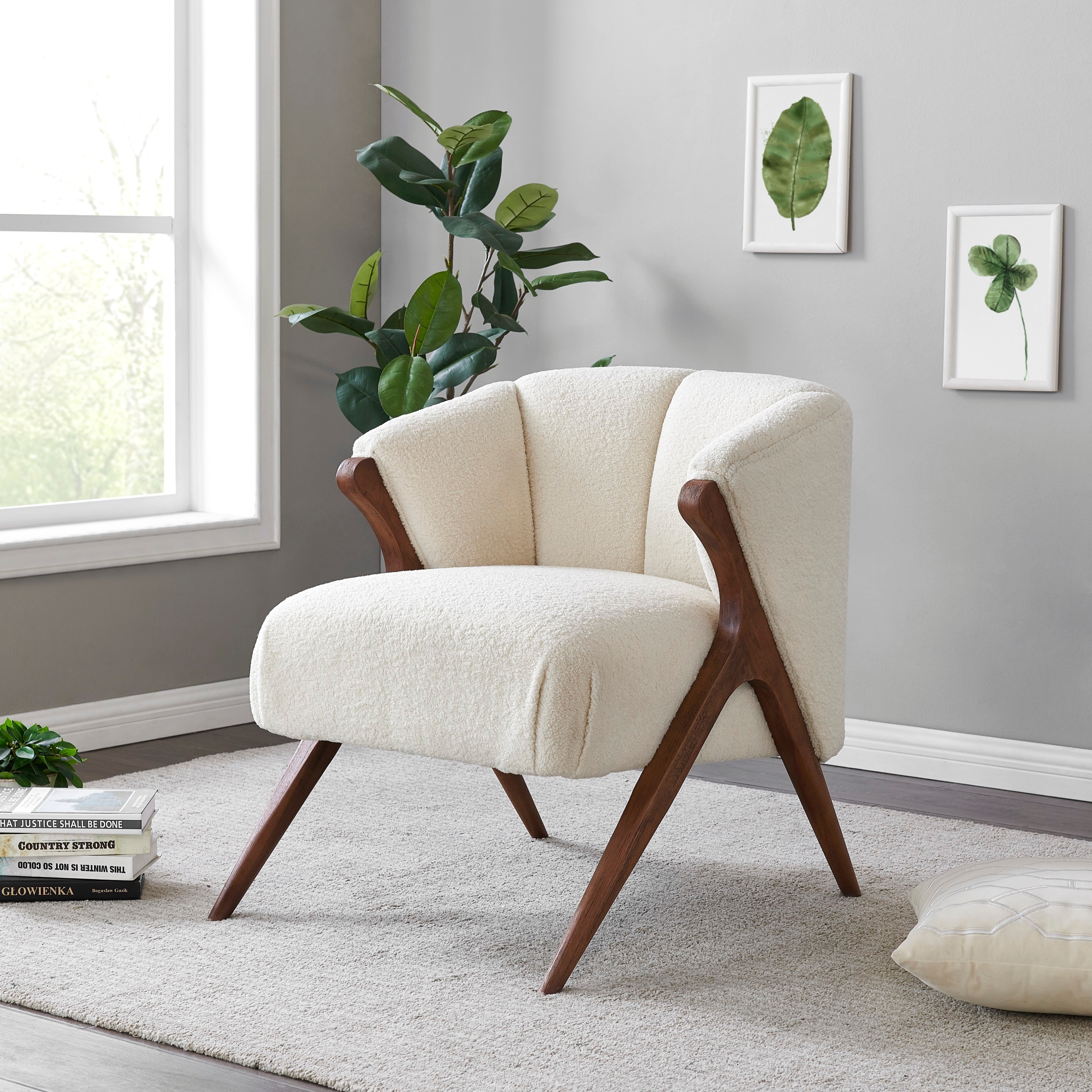 NPD Furniture Florence Faux Shearling Fabric Accent Chair Brown Legs