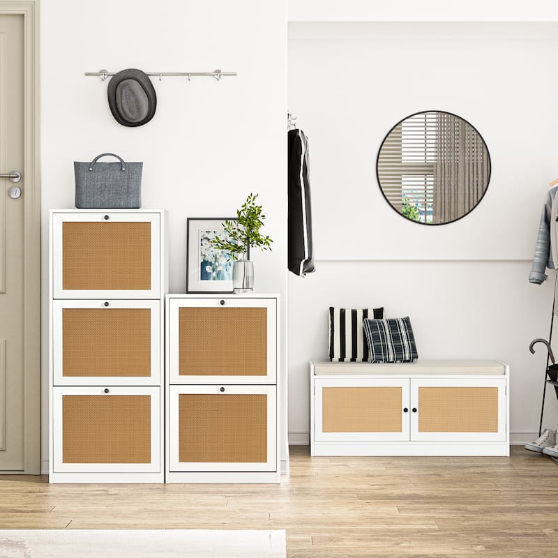 Anmytek White Shoe Storage Bench for Entryway with Cushion and Adjustable Shelves - 39.8" W x 15.7" D x 18" H