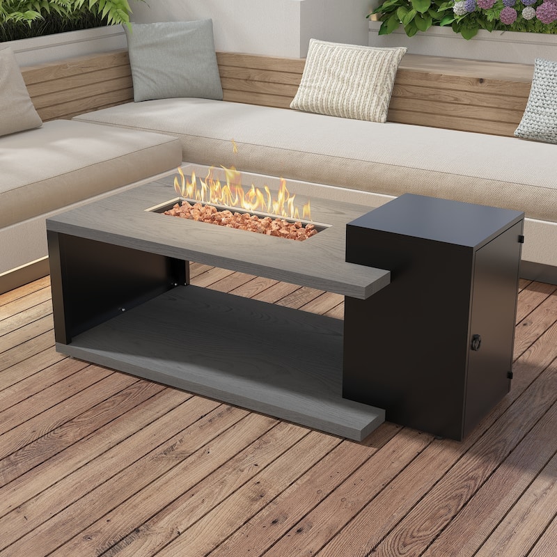 Outdoor Propane Fire Pit Table w/Hidden Tank Cabinet 50,000 BTU Gas Fire Table for Patio Deck CSA Certified