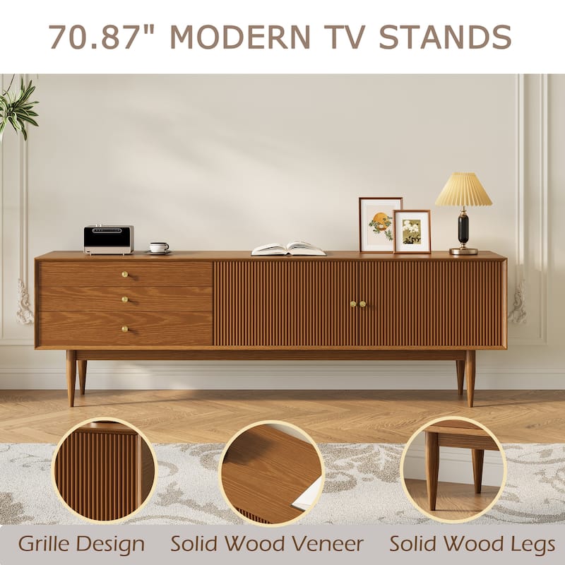 71" Mid Century Wood TV Stands,Brown,Not Assembled Need