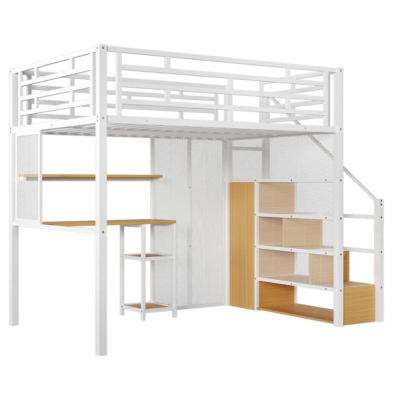 Full Size Metal Loft Bed with Wardrobe, Desk, and Storage Shelves