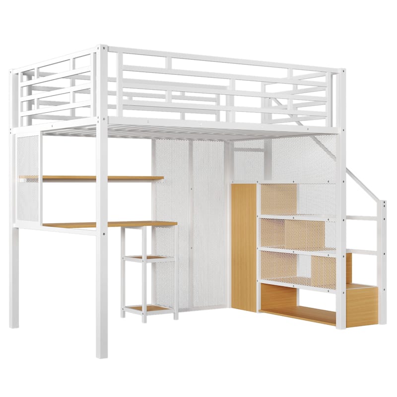 White Full Size Metal Loft Bed with Wardrobe, Desk, and Storage Shelves