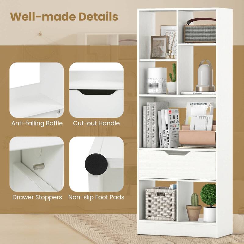 Costway 1 PCS 51” Tall Bookcase with Drawer 7 Open Cubes Anti-toppling - See Details